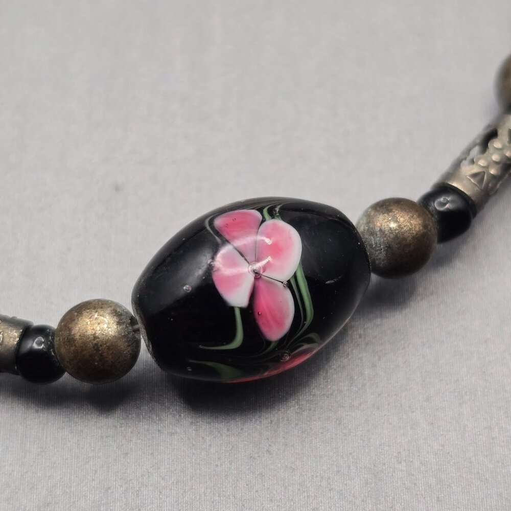 VTG Hand-Blown Lampwork Glass Bead Necklace 16" Floral Motifs Mixed Media - Picture 5 of 12